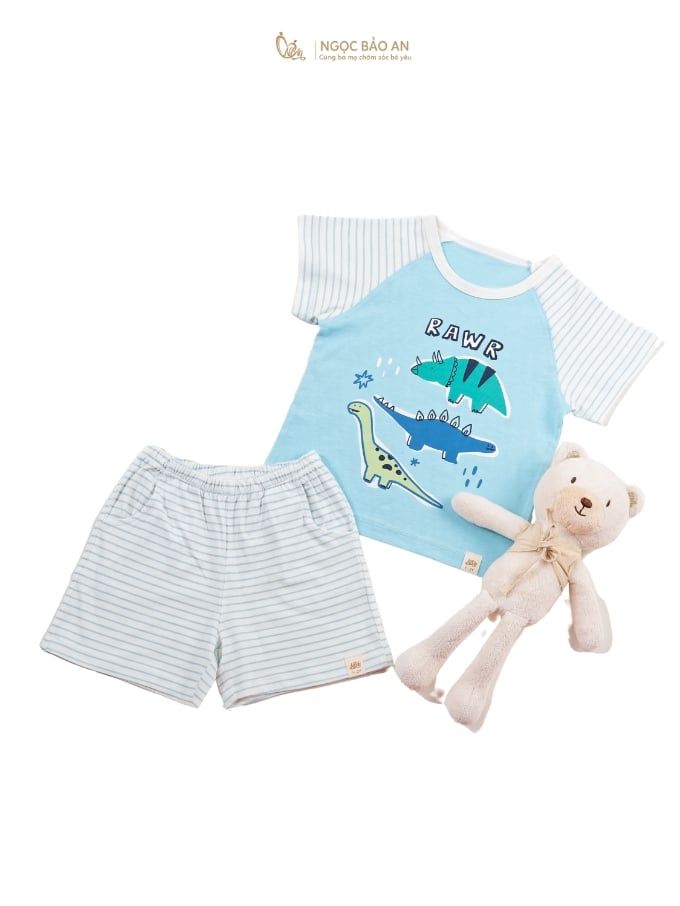 [NGỌC BẢO AN KIDS] Bộ quần áo cộc tay 2 chiều khủng long sọc xanh