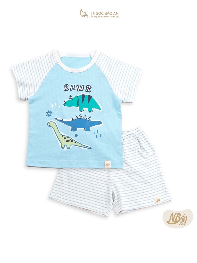 [NGỌC BẢO AN KIDS] Bộ quần áo cộc tay 2 chiều khủng long sọc xanh
