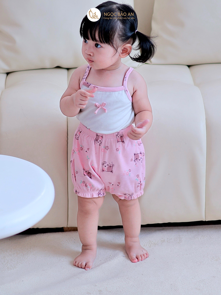 [HONEY] Bộ ngắn 2 dây quần bí Honey Borib phối nơ Mèo Hồng