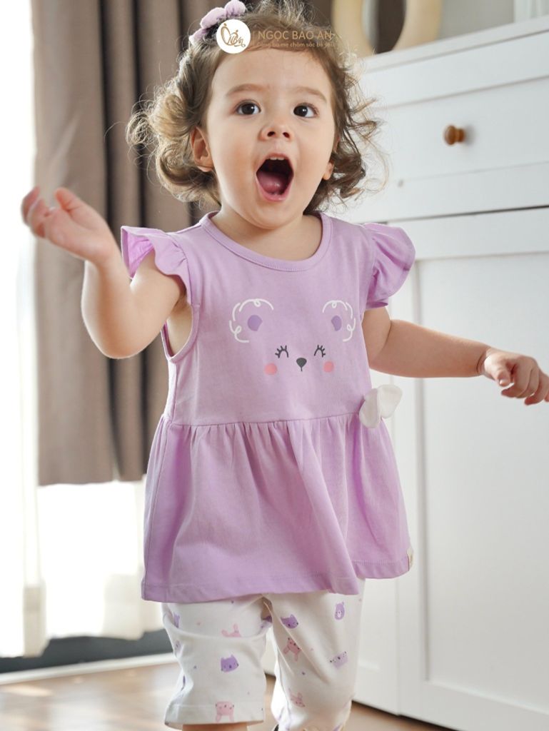 [NGỌC BẢO AN KIDS] Bộ quần áo lửng bé gái hoạ tiết gấu thỏ tím