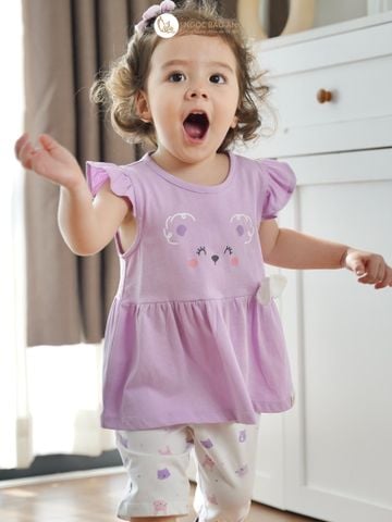 [NGỌC BẢO AN KIDS] Bộ quần áo lửng bé gái hoạ tiết gấu thỏ tím