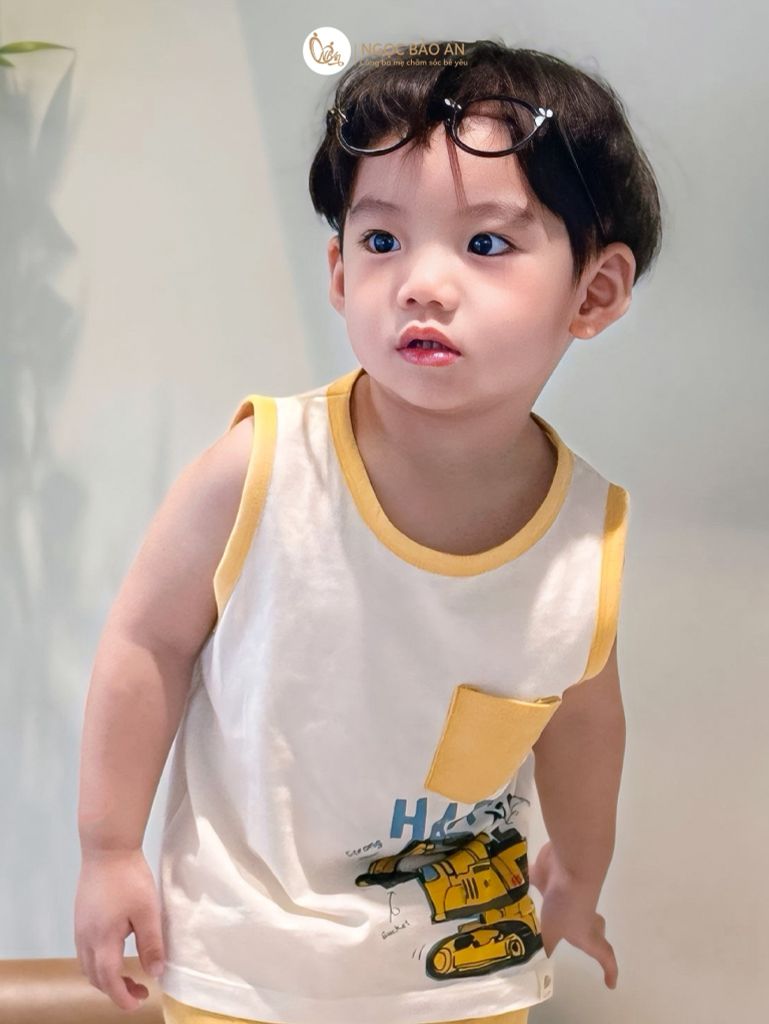 [NGỌC BẢO AN KIDS] Bộ quần áo sát nách 2 chiều xe cẩu vàng
