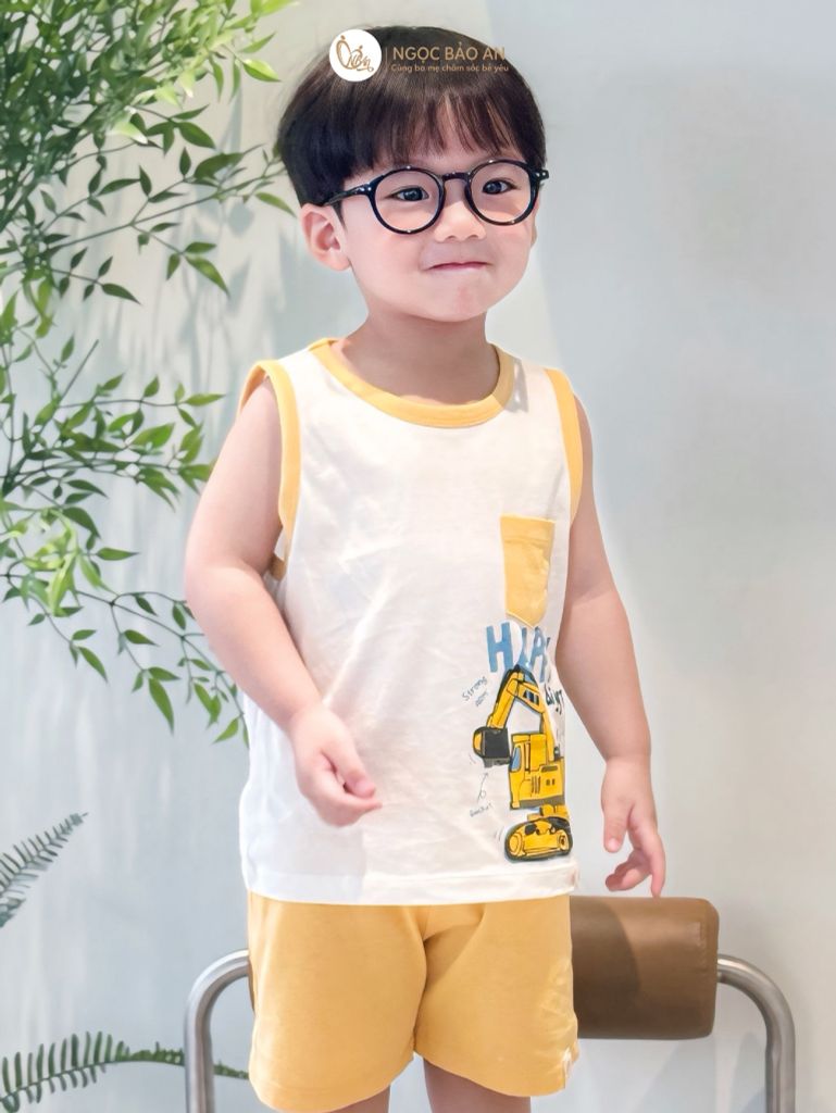 [NGỌC BẢO AN KIDS] Bộ quần áo sát nách 2 chiều xe cẩu vàng