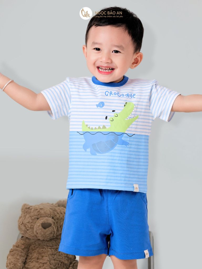 [NGỌC BẢO AN KIDS] Bộ quần áo cộc tay 4 chiều cá sấu sọc xanh