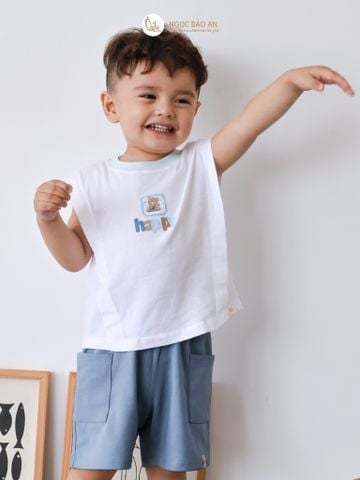 [M&B] BST Gấu: Bộ quần áo sát nách M&B gấu happy xanh