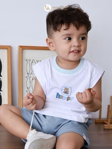 [M&B] BST Gấu: Bộ quần áo sát nách M&B gấu happy xanh
