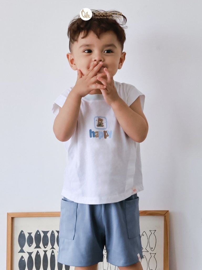 [M&B] BST Gấu: Bộ quần áo sát nách M&B gấu happy xanh