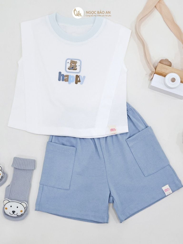 [M&B] BST Gấu: Bộ quần áo sát nách M&B gấu happy xanh