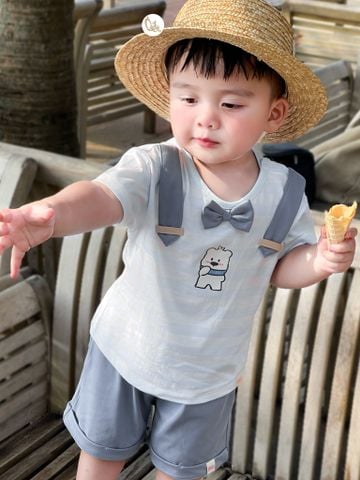 [M&B] BST Gấu: Bộ quần áo ngắn cộc tay gấu sọc xanh