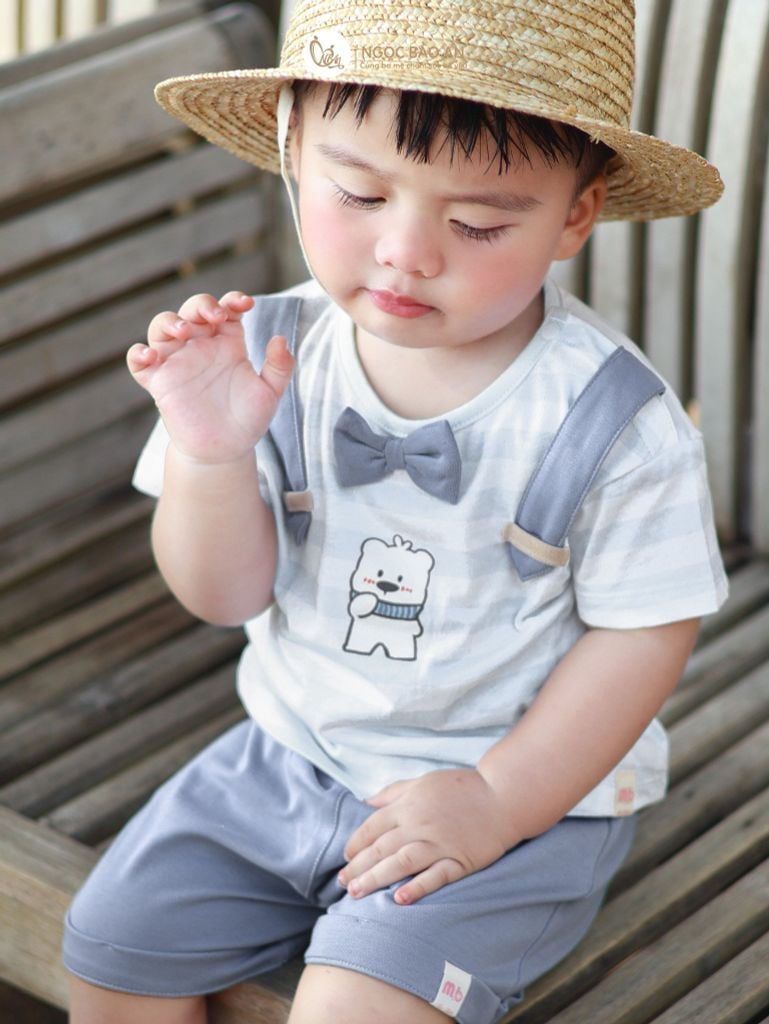 [M&B] BST Gấu: Bộ quần áo ngắn cộc tay gấu sọc xanh