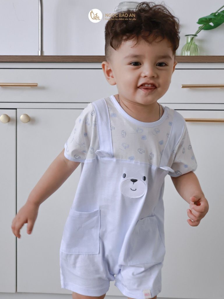 [M&B] BST Gấu: Bộ bodysuit tay ngắn gấu xanh