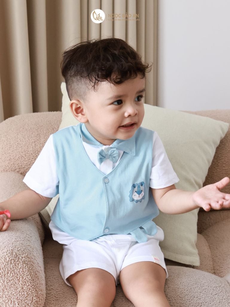 [M&B] BST Gấu: Body tay ngắn cổ sơ mi sư tử xanh