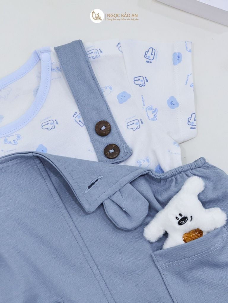 [M&B] BST Gấu: Bộ quần áo yếm ngắn gấu xanh có túi