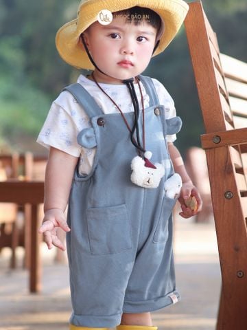 [M&B] BST Gấu: Bộ quần áo yếm ngắn gấu xanh có túi