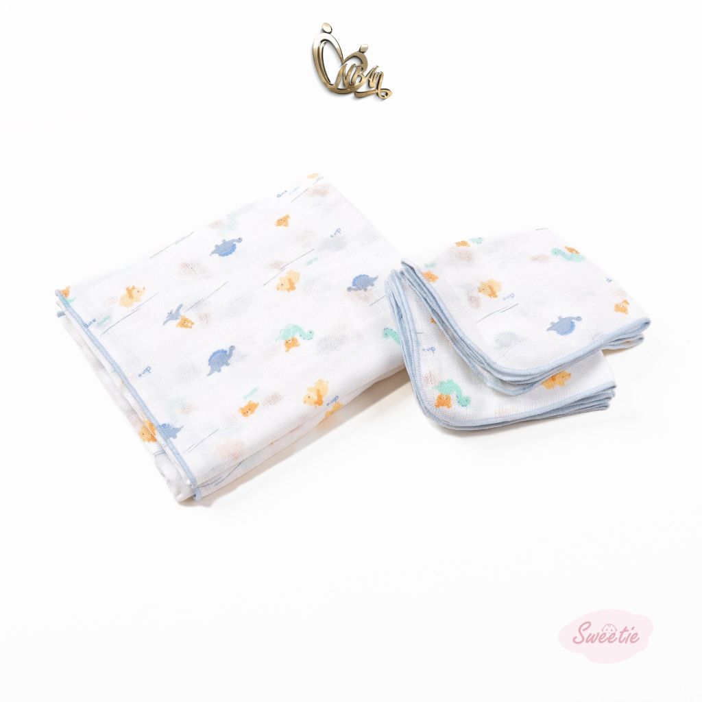 [M&B] Combo 5 khăn gạc xô 4 lớp in hình khủng long xanh sweetie