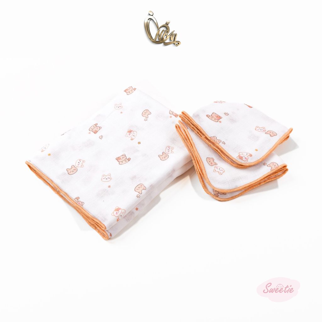 [M&B] Combo 5 khăn gạc xô 4 lớp in hình mèo vàng sweetie