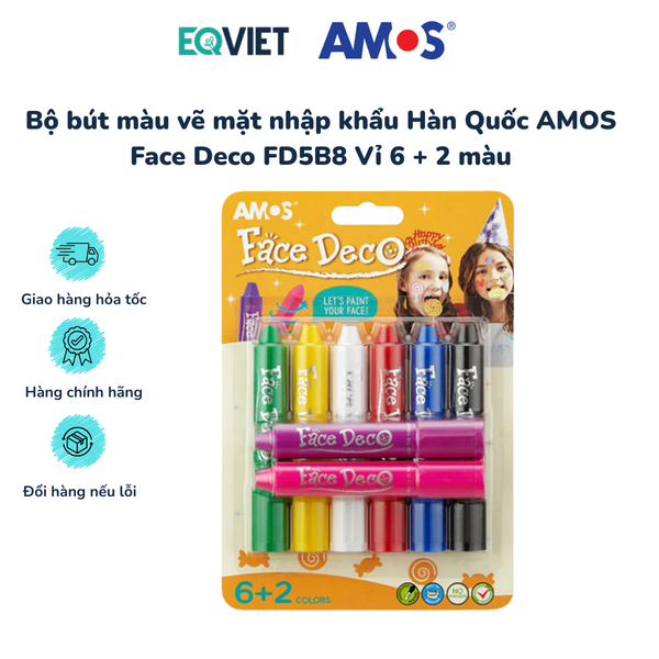 Bộ bút màu vẽ mặt nhập khẩu Hàn Quốc AMOS Face Deco FD5B8 Vỉ 6 + 2 màu