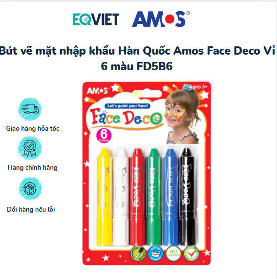 Bút vẽ mặt nhập khẩu Hàn Quốc Amos Face Deco Vỉ 6 màu FD5B6