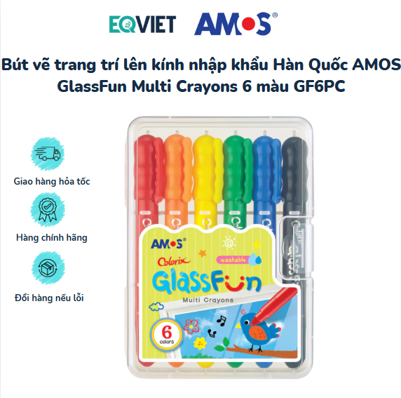 Bút vẽ trang trí lên kính nhập khẩu Hàn Quốc AMOS GlassFun Multi Crayons 6 màu GF6PC