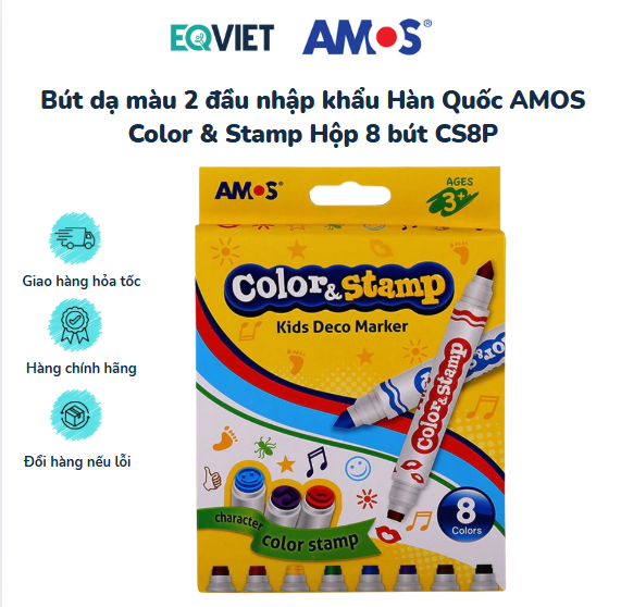Bút dạ màu 2 đầu nhập khẩu Hàn Quốc AMOS Color & Stamp Hộp 8 bút CS8P
