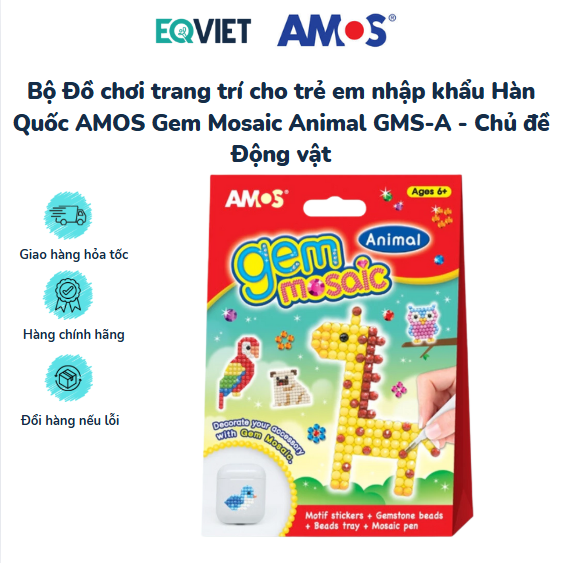 Bộ Đồ chơi trang trí cho trẻ em nhập khẩu Hàn Quốc AMOS Gem Mosaic Animal GMS-A - Chủ đề Động vật