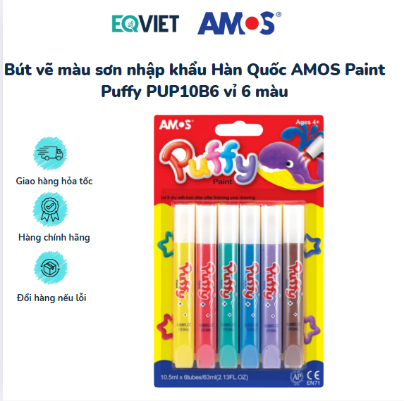 Bút vẽ màu sơn nhập khẩu Hàn Quốc AMOS Paint Puffy PUP10B6 vỉ 6 màu