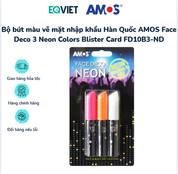 Bộ bút màu vẽ mặt nhập khẩu Hàn Quốc AMOS Face Deco 3 Neon Colors Blister Card FD10B3-ND