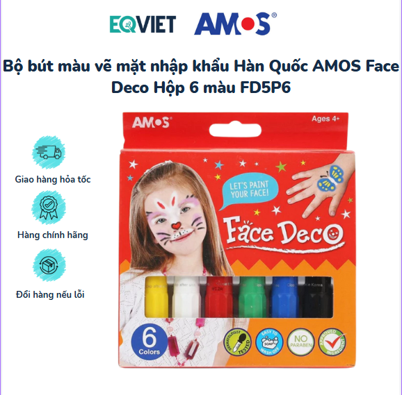 Bộ bút màu vẽ mặt nhập khẩu Hàn Quốc AMOS Face Deco Hộp 6 màu FD5P6