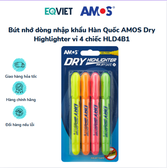 Bút nhớ dòng nhập khẩu Hàn Quốc AMOS Dry Highlighter vỉ 4 chiếc HLD4B1