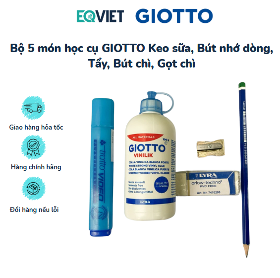 Bộ 5 món học cụ GIOTTO Keo sữa, Bút nhớ dòng, Tẩy, Bút chì, Gọt chì