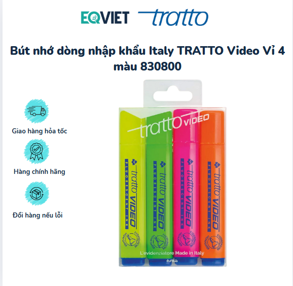 Bút nhớ dòng nhập khẩu Italy TRATTO Video Vỉ 4 màu 830800