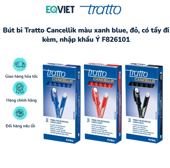 Bút bi Tratto Cancellik màu xanh blue, đỏ, có tẩy đi kèm, nhập khẩu Ý F826101