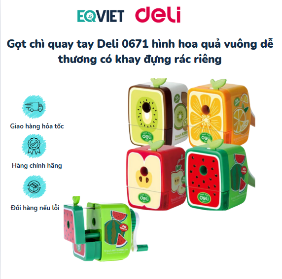 Gọt chì quay tay Deli 0671 hình hoa quả vuông dễ thương có khay đựng rác riêng