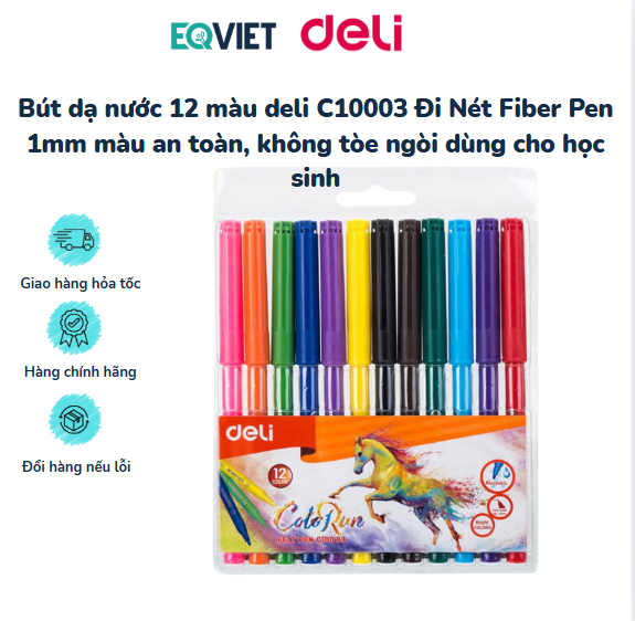 Bút dạ nước 12 màu deli C10003 Đi Nét Fiber Pen 1mm màu an toàn, không tòe ngòi dùng cho học sinh