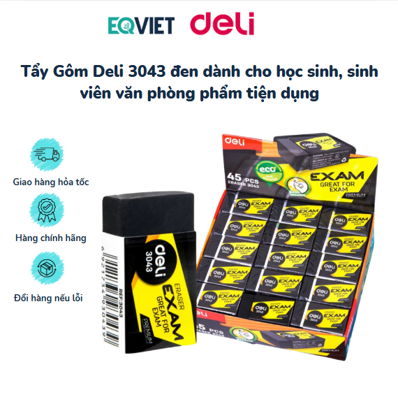 Tẩy Gôm Deli 3043 đen dành cho học sinh, sinh viên văn phòng phẩm tiện dụng
