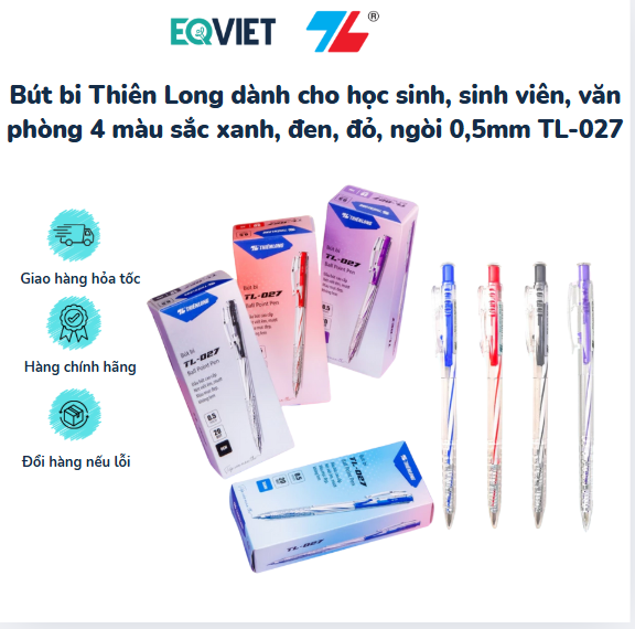 Bút bi Thiên Long dành cho học sinh, sinh viên, văn phòng 4 màu sắc xanh, đen, đỏ, ngòi 0,5mm TL-027