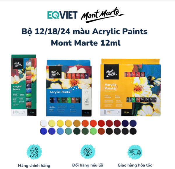 Bộ màu Acrylic Paints Mont Marte Cao Cấp 12ml 12/18/24 Màu- Hàng Chính Hãng