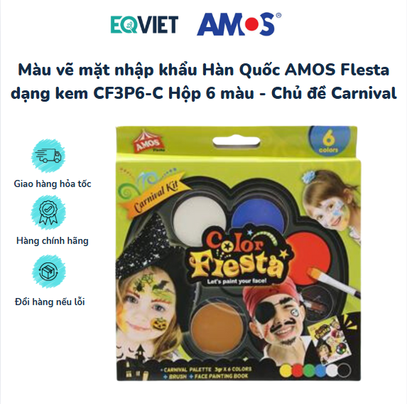 Màu vẽ mặt nhập khẩu Hàn Quốc AMOS Flesta dạng kem CF3P6-C Hộp 6 màu - Chủ đề Carnival