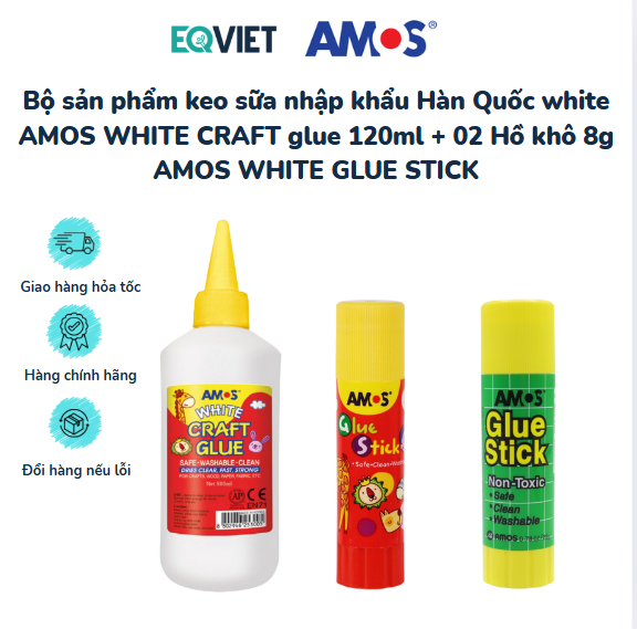 Bộ sản phẩm keo sữa nhập khẩu Hàn Quốc white AMOS WHITE CRAFT glue 120ml + 02 Hồ khô 8g AMOS WHITE GLUE STICK