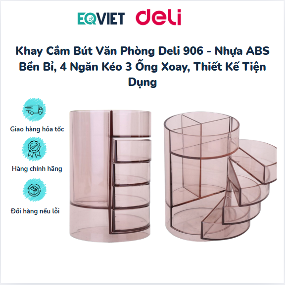 Khay Cắm Bút Văn Phòng Deli 906 - Nhựa ABS Bền Bỉ, 4 Ngăn Kéo 3 Ống Xoay, Thiết Kế Tiện Dụng