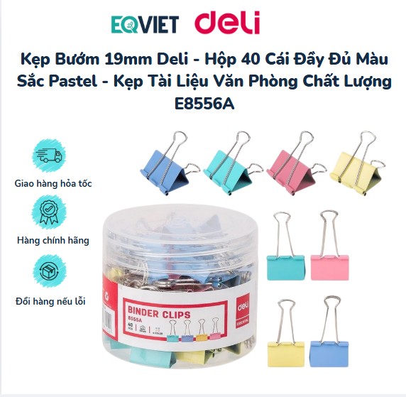 Kẹp Bướm 19mm Deli - Hộp 40 Cái Đầy Đủ Màu Sắc Pastel - Kẹp Tài Liệu Văn Phòng Chất Lượng E8556A