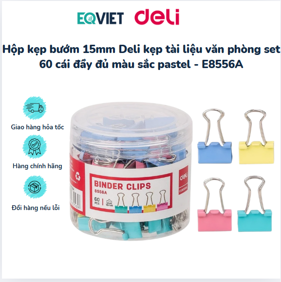Hộp kẹp bướm 15mm Deli kẹp tài liệu văn phòng set 60 cái đầy đủ màu sắc pastel - E8556A