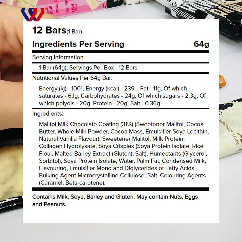 Bánh Protein Bar Warrior Crunch High Protein, Low Sugar Bar 1 Hộp 12 Thanh