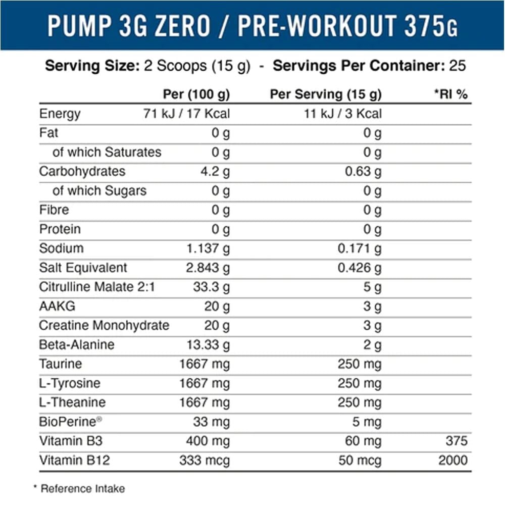 Applied Nutrition Pump 3G Pre Workout Caffeine Free 375G (25 Servings)