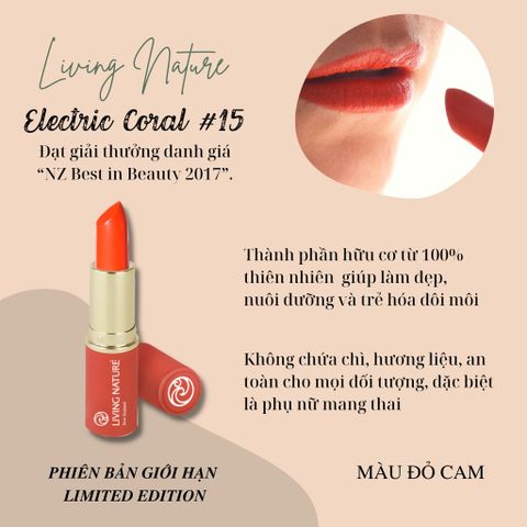 Son Môi Organic Màu Đỏ Cam Living Nature Lipstick Electric Coral