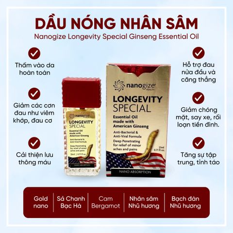 Dầu Nóng Tinh Dầu Nhân Sâm Mỹ Nanogize Longevity Essential Oil 21ml