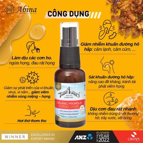 Xịt họng keo ong Organic Propolis Throat with Manuka Honey MG550+