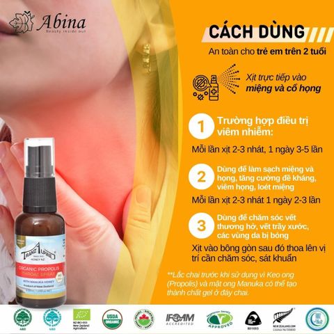 Xịt họng keo ong Organic Propolis Throat with Manuka Honey MG550+