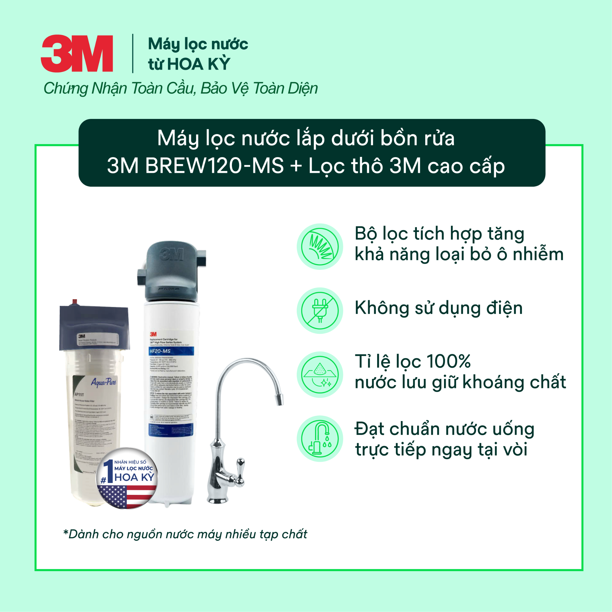  Bộ Sản Phẩm Máy Lọc Nước Lắp Dưới Bồn Rửa 3M BREW120-MS Kèm Lọc Thô Cao Cấp 