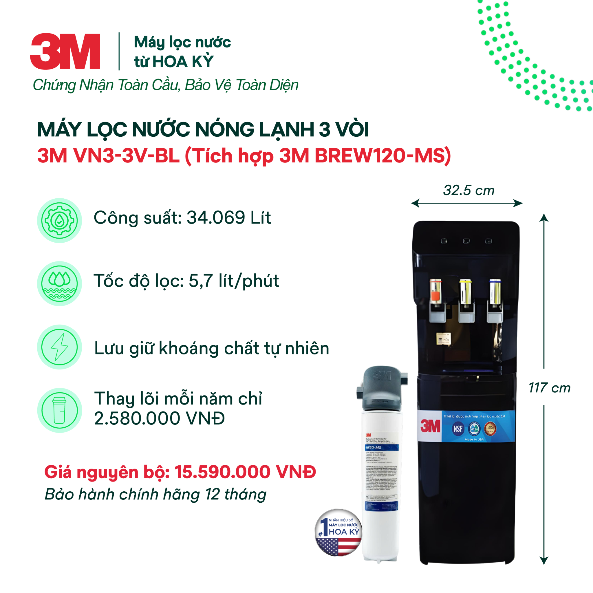  Cây Lọc Nước Nóng Lạnh 3M VN3-3V-BL (Tích Hợp Máy Lọc Nước 3M BREW120-MS) 